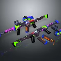 Colorful Toy Weapons with Multiple Assembled Parts in Vibrant Pink Blue Green and Black