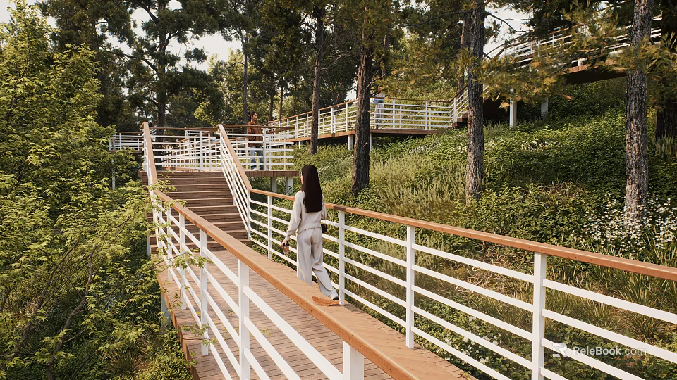 Scenic Wooden Boardwalk Surrounded by Trees and Green Grass with Woman Walking Along White Railings 3d model 