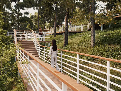 Scenic Wooden Boardwalk Surrounded by Trees and Green Grass with Woman Walking Along White Railings 3d model