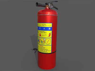 Fire Equipment Red Fire Extinguisher With Yellow Label Safety Instruction Guide 3d model