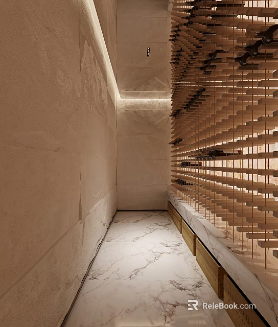 Modern Minimalist Wine Storage Space With Wooden Rack Beige Walls And Marble Floor 3d model 