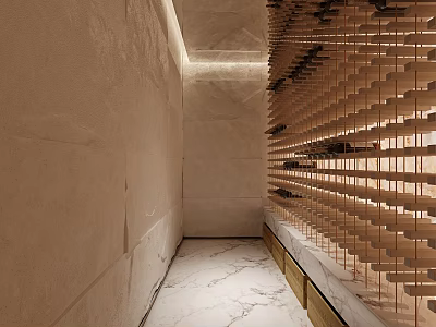 Modern Minimalist Wine Storage Space With Wooden Rack Beige Walls And Marble Floor 3d model