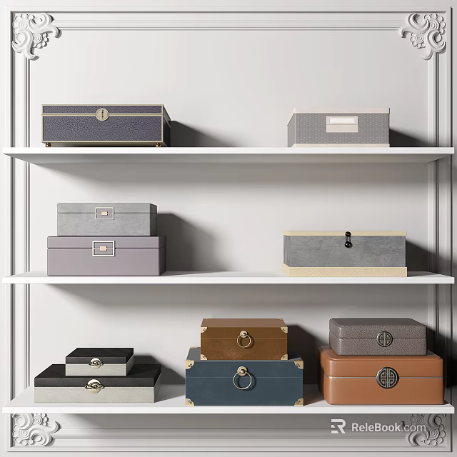 Decorative Ornament Set with Various Colored Storage Boxes Arranged on White Shelves 3d model 