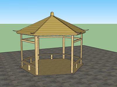 Outdoor Wooden Hexagonal Gazebo With Wooden Roof Pillars Railing Paved Ground And Green Lawn 3d model