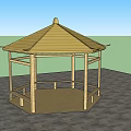 Outdoor Wooden Hexagonal Gazebo With Wooden Roof Pillars Railing Paved Ground And Green Lawn