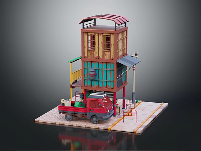 Cartoon Scene Featuring Two Story Building With Green Walls Red Roof And Red Truck 3d model