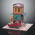 Cartoon Scene Featuring Two Story Building With Green Walls Red Roof And Red Truck