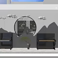 Elegant Piano Showroom Interior With Black Grand Piano White Piano Round Platform And Wooden Walls