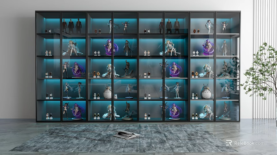 Modern Display Cabinet With Glass Doors And Blue Lighting Showcasing Collectibles And Action Figures 3d model 