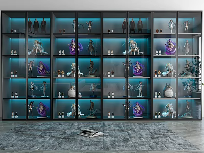 Modern Display Cabinet With Glass Doors And Blue Lighting Showcasing Collectibles And Action Figures 3d model