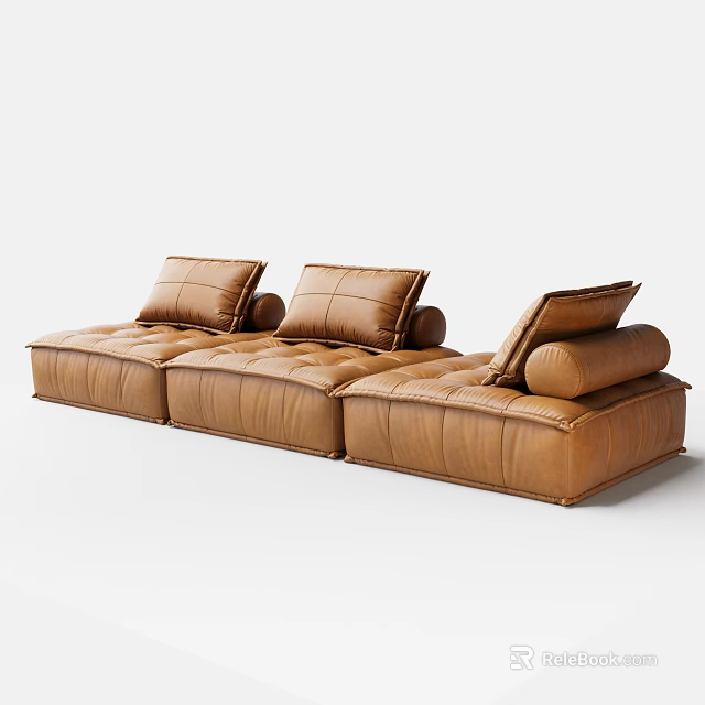 Modern Brown Leather Three Seater Sofa With Modular Design And Button Tufted Cushions 3d model