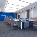 Modern Professional Conference Room Interior With Long Table Gray Chairs And Blue Backdrop