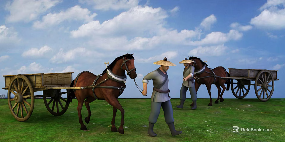 Game Film Characters With Conical Hats Leading Horses Pulling Carts On Green Grassland 3d model 