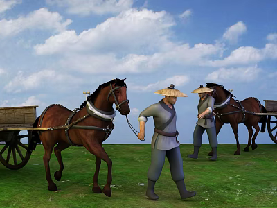 Game Film Characters With Conical Hats Leading Horses Pulling Carts On Green Grassland 3d model