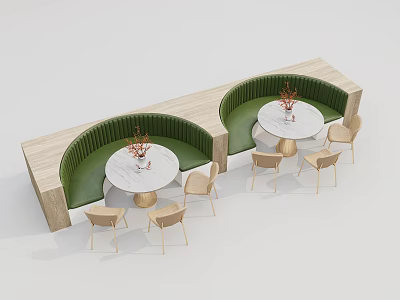Modern Public Chairs With Curved Green Cushioned Seats Wooden Frame Round White Tables Vase Decor 3d model