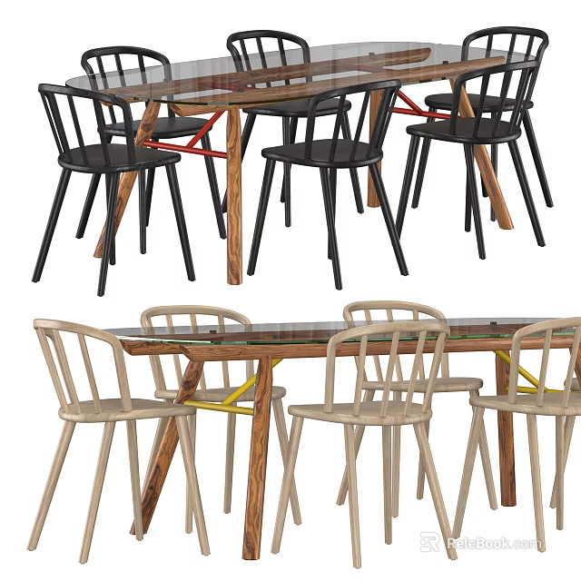 Modern Dining Table Set With Wooden Top Black Light Colored Chairs Red Yellow Accents 3d model 