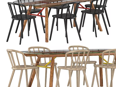 Modern Dining Table Set With Wooden Top Black Light Colored Chairs Red Yellow Accents 3d model