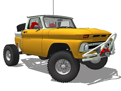Vintage Yellow Pickup Truck with Large Off Road Tires and Metal Front Bumper 3d model