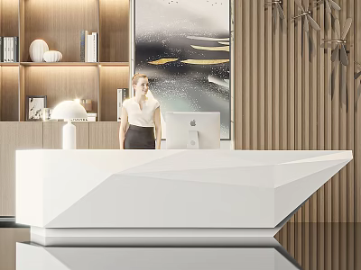 Elegant Front Desk Reception With White Geometric Desk Female Receptionist Wooden Shelves And Table Lamp 3d model