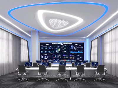 Modern Control Room With Large Screens Data Charts And Ergonomic Office Desks 3d model