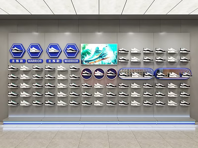 Clothing Store Interior With Brand Logos Digital Screen And White Shoe Displays On Wall Racks 3d model