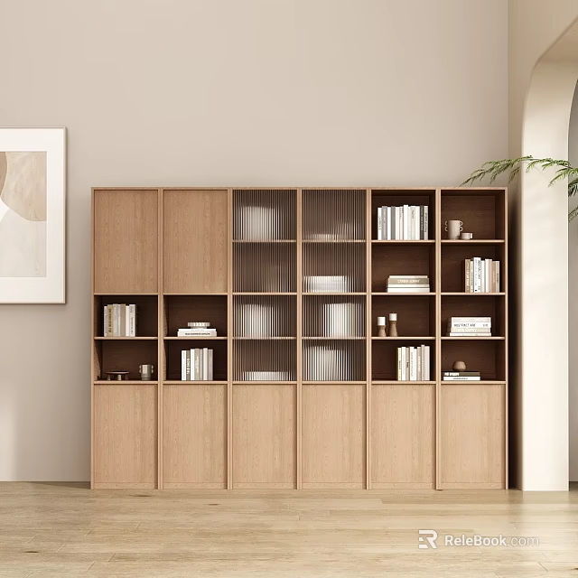 Minimalist Modern Wooden Bookcase With Multiple Shelves And Decorative Books Interior 3d model 