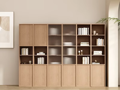 Minimalist Modern Wooden Bookcase With Multiple Shelves And Decorative Books Interior 3d model