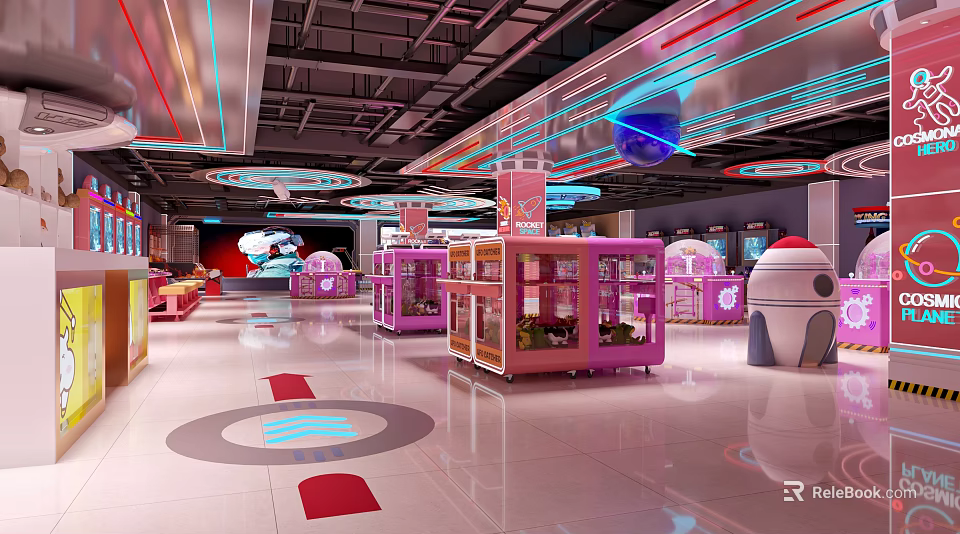 Vibrant Modern Indoor Space With Pink Kiosks Neon Lights Circular Floor Patterns 3d model 
