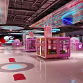 Vibrant Modern Indoor Space With Pink Kiosks Neon Lights Circular Floor Patterns