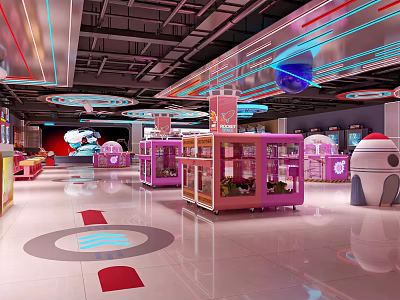 Vibrant Modern Indoor Space With Pink Kiosks Neon Lights Circular Floor Patterns 3d model