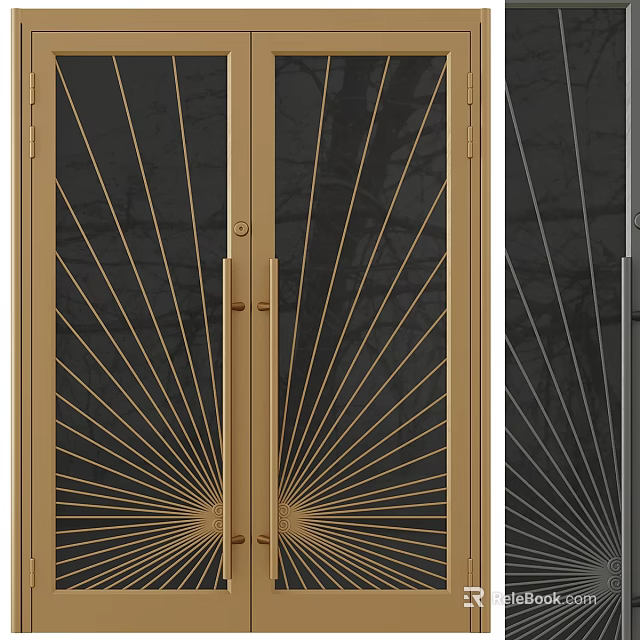 Gold And Black Double Doors With Radiant Lines Glass Panels And Metal Frame 3d model 