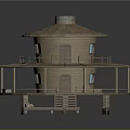Circular Wooden Two Story Cabin Featuring Conical Roof Terrace Staircase And Small Window