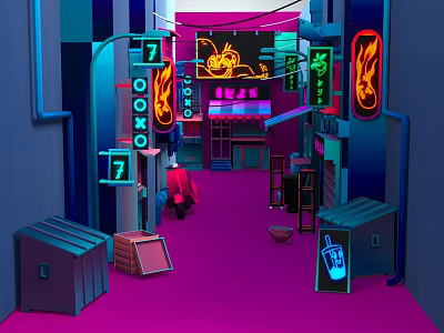 Vibrant Cartoon Scene With Neon Signs Shops And Character On Street 3d model