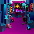 Vibrant Cartoon Scene With Neon Signs Shops And Character On Street