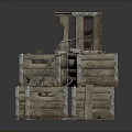 Stacked Wooden Crates Defensive Structure With Metal Supports And Cross Beams
