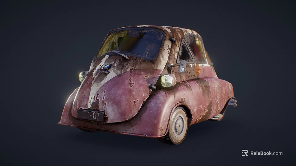 Small Old Rusty Vintage Car With Reddish Brown Surface And Retro Design 3d model 
