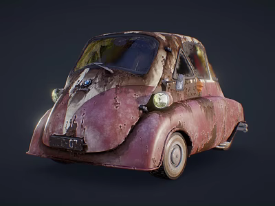 Small Old Rusty Vintage Car With Reddish Brown Surface And Retro Design 3d model