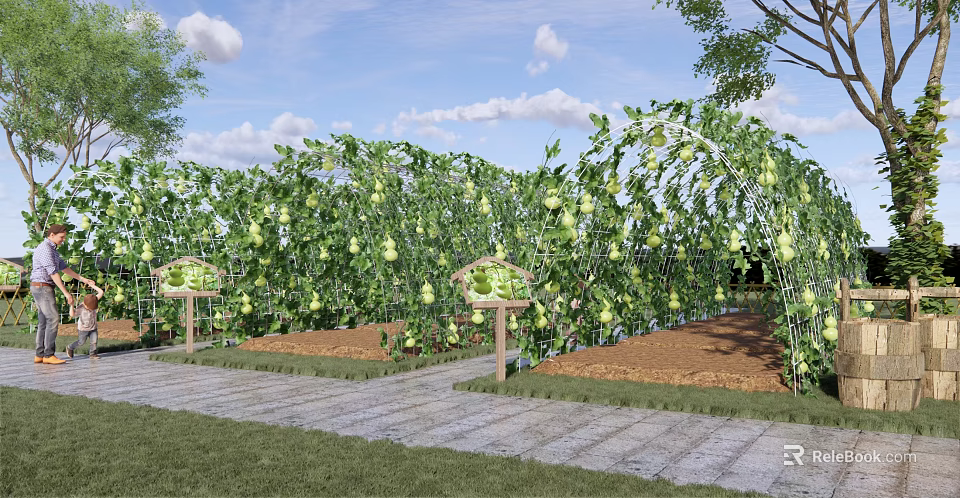 Rural Countryside Garden With Arch Trellis Melons And Stone Pathway 3d model 