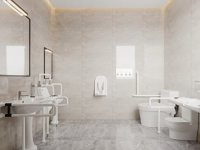 Modern Public Restroom With Grab Bars Sinks Mirrors Hand Dryers Gray Floor Tiles Beige Walls 3d model