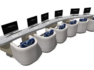 Modern Office Desk With Multiple Computer Monitors And White Curved Chairs With Blue Cushions 3d model
