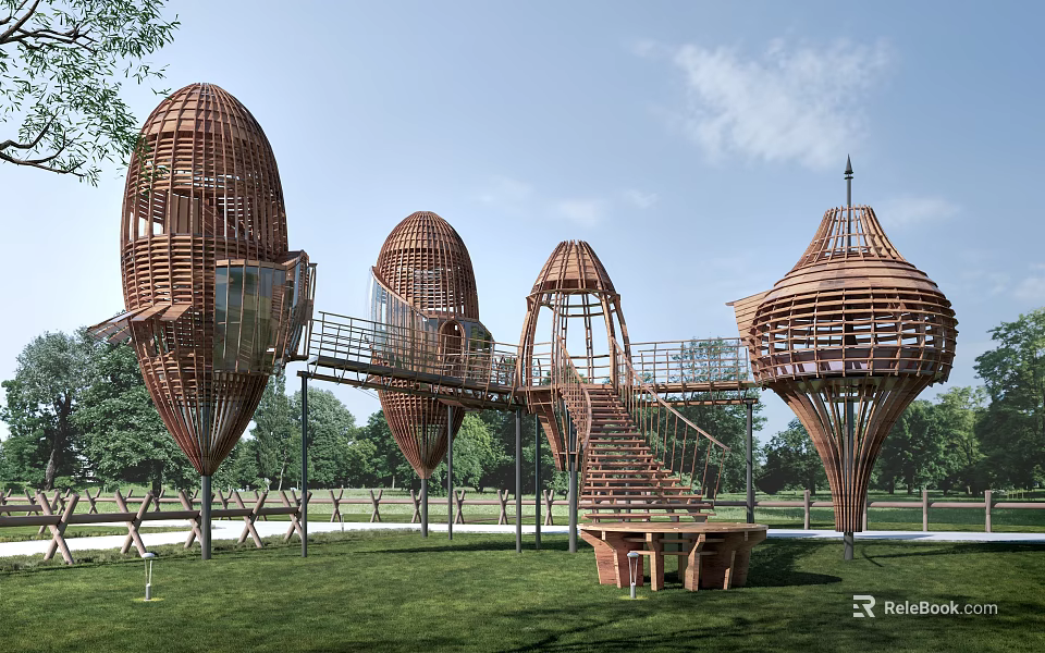 Egg Shaped Wooden Houses With Connected Walkways And Staircases Set In Green Lawn With Trees 3d model 