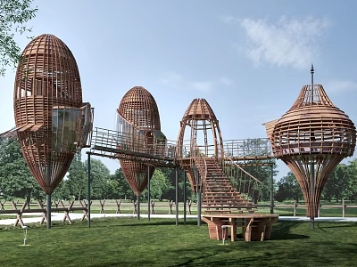Egg Shaped Wooden Houses With Connected Walkways And Staircases Set In Green Lawn With Trees 3d model