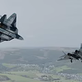 Modern Fighter Jet Flying Over Green Fields And Mountain Landscape With Insignia On Wings