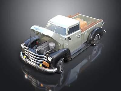 Vintage Gray Black Truck With Open Hood And Wooden Cargo Bed Classic Design 3d model