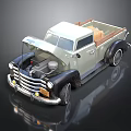 Vintage Gray Black Truck With Open Hood And Wooden Cargo Bed Classic Design