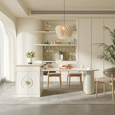 Elegant Light Colored Dining Room Interior With Chandelier Dining Table Chairs And Potted Plant 3d model