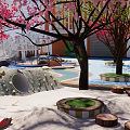 Orange White School Building With Arched Windows Playground Green Slide Pond And Red Flowering Tree