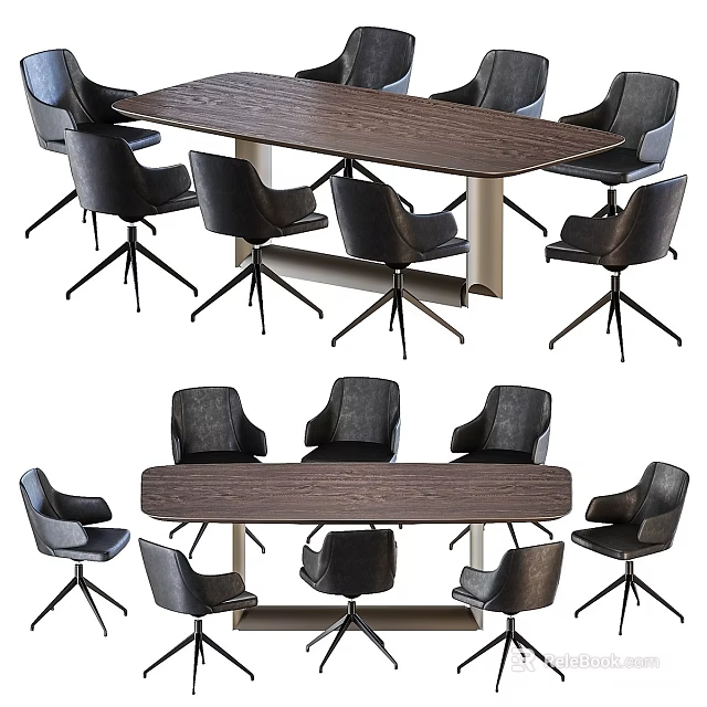 Modern Office Conference Desk With Wooden Surface And Black Ergonomic Chairs 3d model 