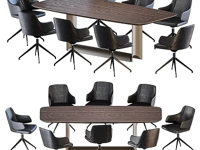 Modern Office Conference Desk With Wooden Surface And Black Ergonomic Chairs 3d model