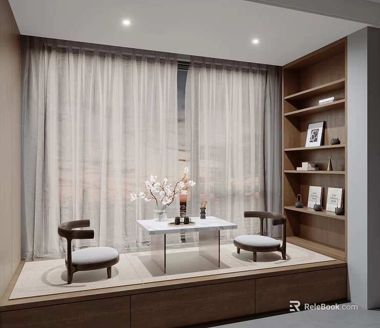 Cozy Tea Room Interior Design With Sheer Curtains Wooden Shelves And Table Chairs 3d model 